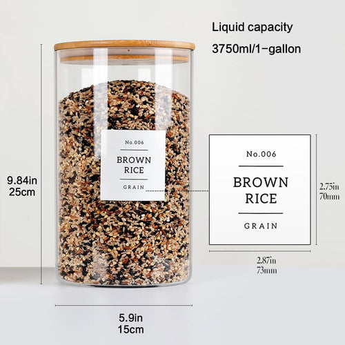 1 Gallon Large Glass Food Storage Containers With Airtight Bamboo Lid - Kitchen Glass Storage Jars Canister With 42 Pantry Labels - Thicken Big Clear Rice Containers For Your Pantry