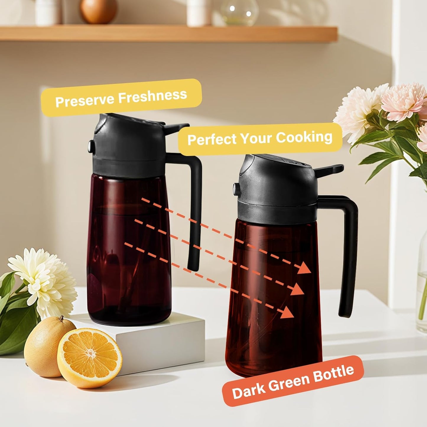 16oz Oil Dispenser Bottle for Kitchen - 2 in 1 Olive Oil Dispenser and Oil Sprayer - 470ml Olive Oil Bottle - Oil Sprayer for Cooking, Kitchen, Salad, Barbecue Black (Wine red with black lid)