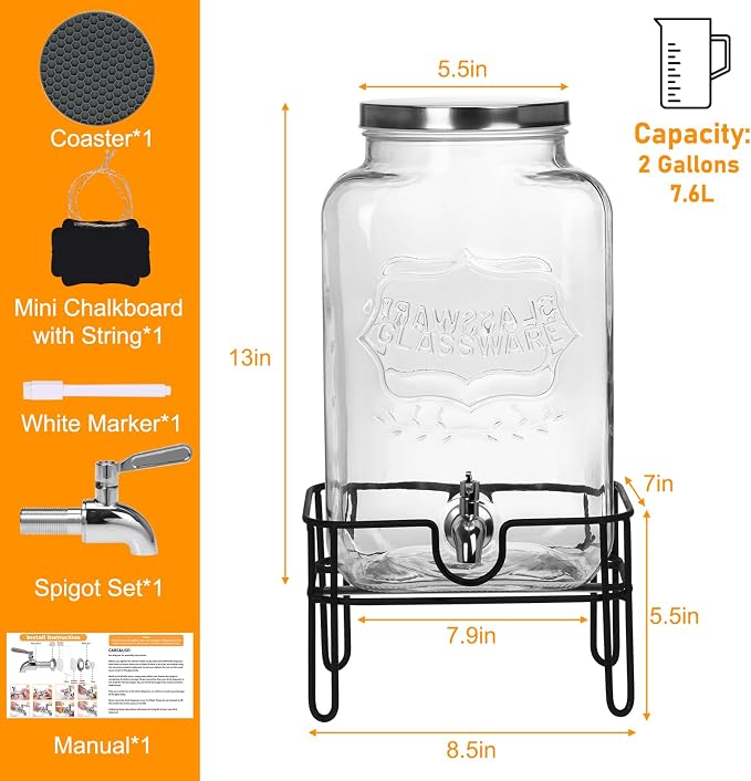 Bululuo Glass Drinks Dispenser for Parties, 2 Gallon Beverage Dispenser - Image 2