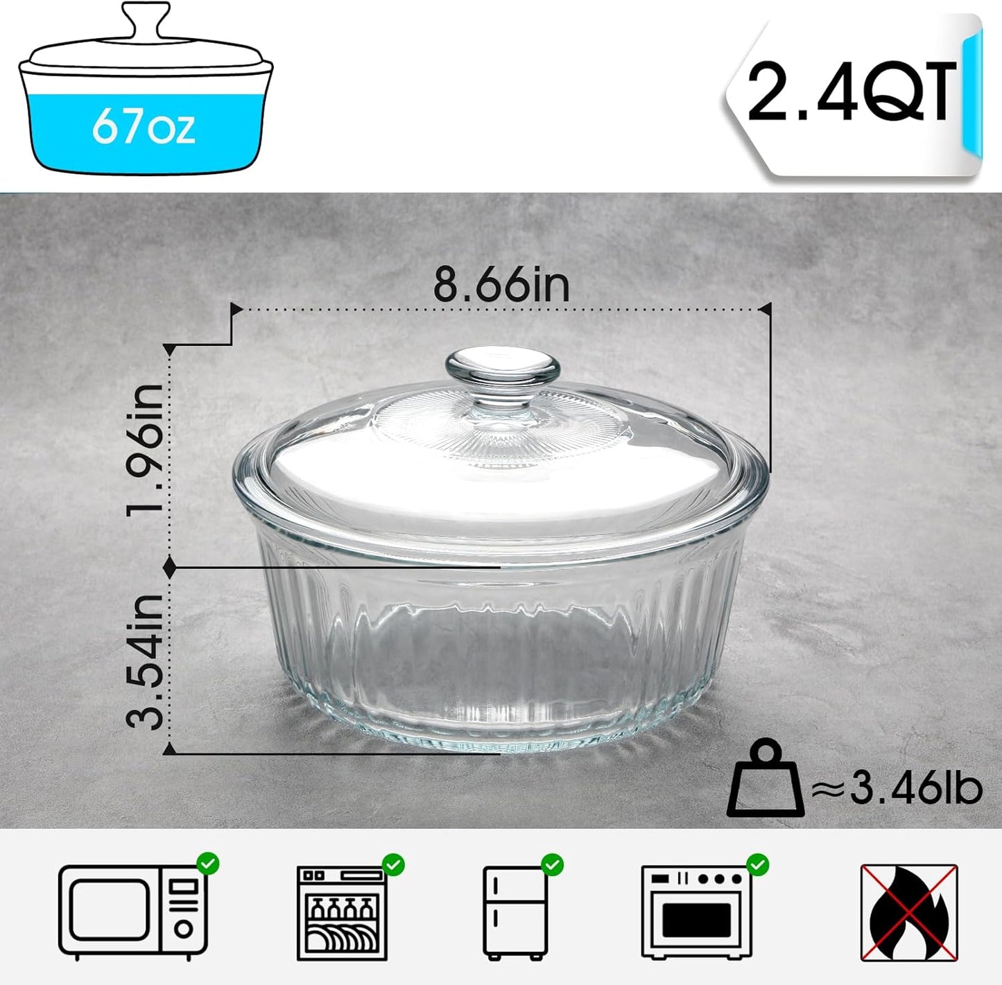 NUTRIUPS 2.4QT Glass Casserole with Lid, Borosilicate Glass, Round, Oven-Safe Baking Dish