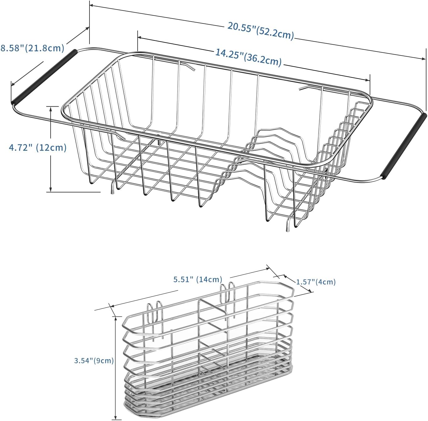 JAQ Small Dish Drying Rack in Sink Adjustable 14.25" to 20.55", Expandable 304 Stainless Steel Metal Dish Drainer Rack Organizer with Stainless Steel Utensil Holder Over Sink Counter (for 1-2 People)