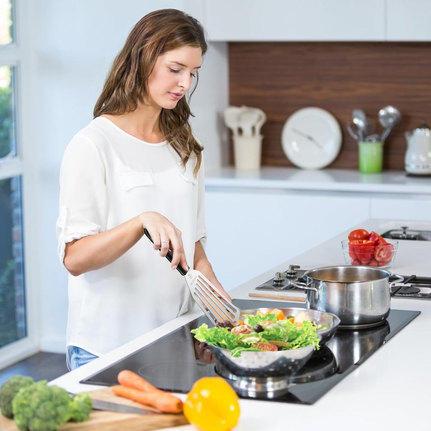 2 Pack Fish Spatula Stainless Steel，Flexible Metal Spatula Perfect for Flipping Eggs, Burgers and Baking, Durable Lightweight Kitchen Slotted Turner for Cooking & BBQ [Wooden Handle]