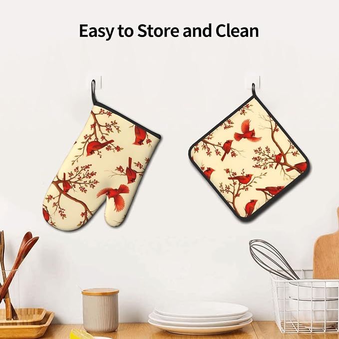 Red Cardinal Oven Mitts and Pot Holders Sets of 3, Non-Slip Christmas Heat - Image 5
