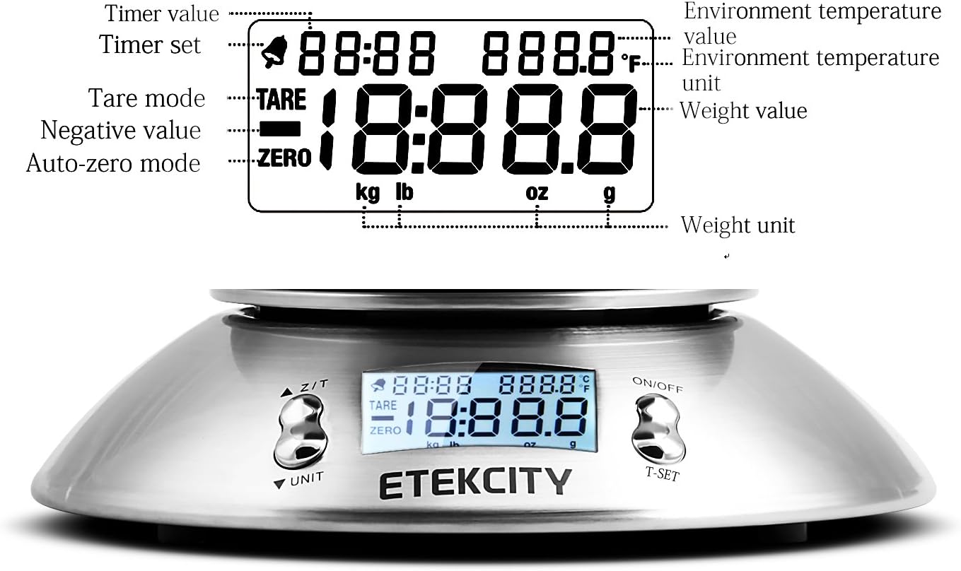 Etekcity Food Kitchen Scale with Bowl, Digital Weight Scale for Food Ounces and Grams, Cooking and Baking, Timer, and Temperature Sensor, 2.06 QT, Stainless Steel