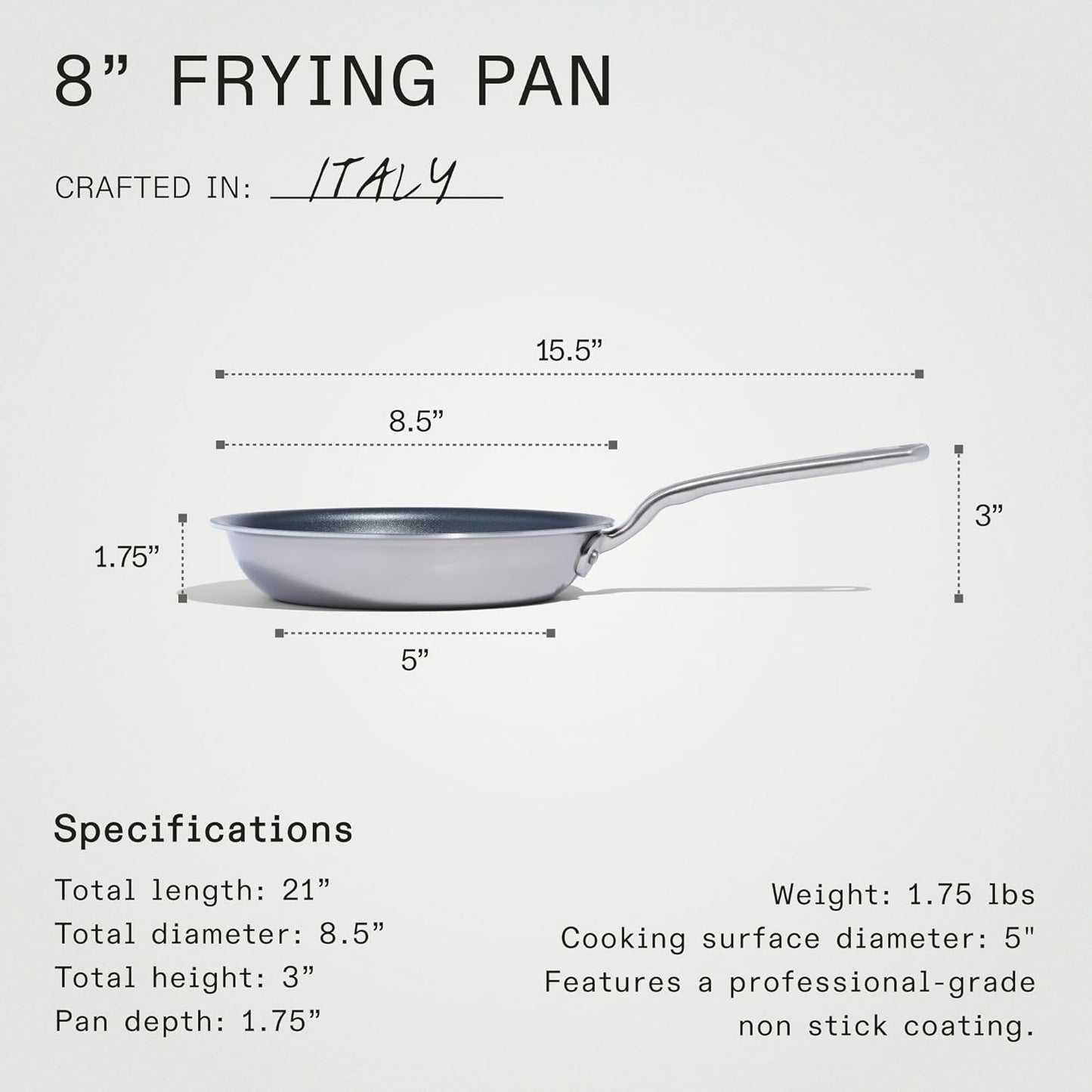 Made In Cookware - ProCoat 8" Non Stick Frying Pan (Graphite) - 5 Ply Stainless Clad Nonstick - Professional Cookware - Crafted in Italy - Induction Compatible
