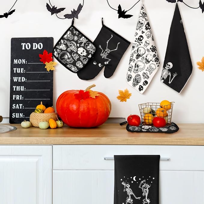 Leinuosen 8 Pcs Skull Kitchen Decor Set Kitchen Towels Gothic Oven Mitts and - Image 2