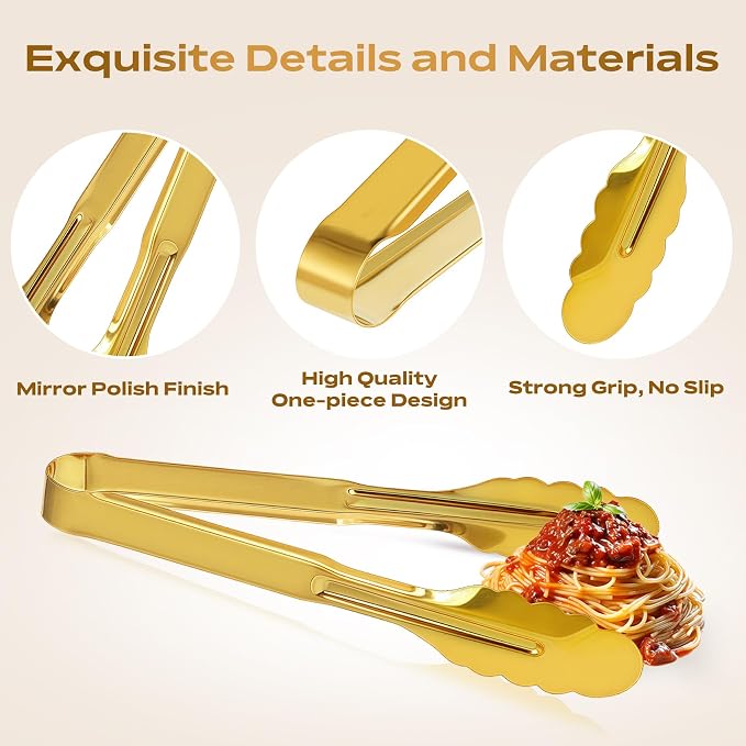 6 Pack Stainless Steel Serving Tongs, 9 Inch Gold Salad Tongs Serving Utensils - Image 3