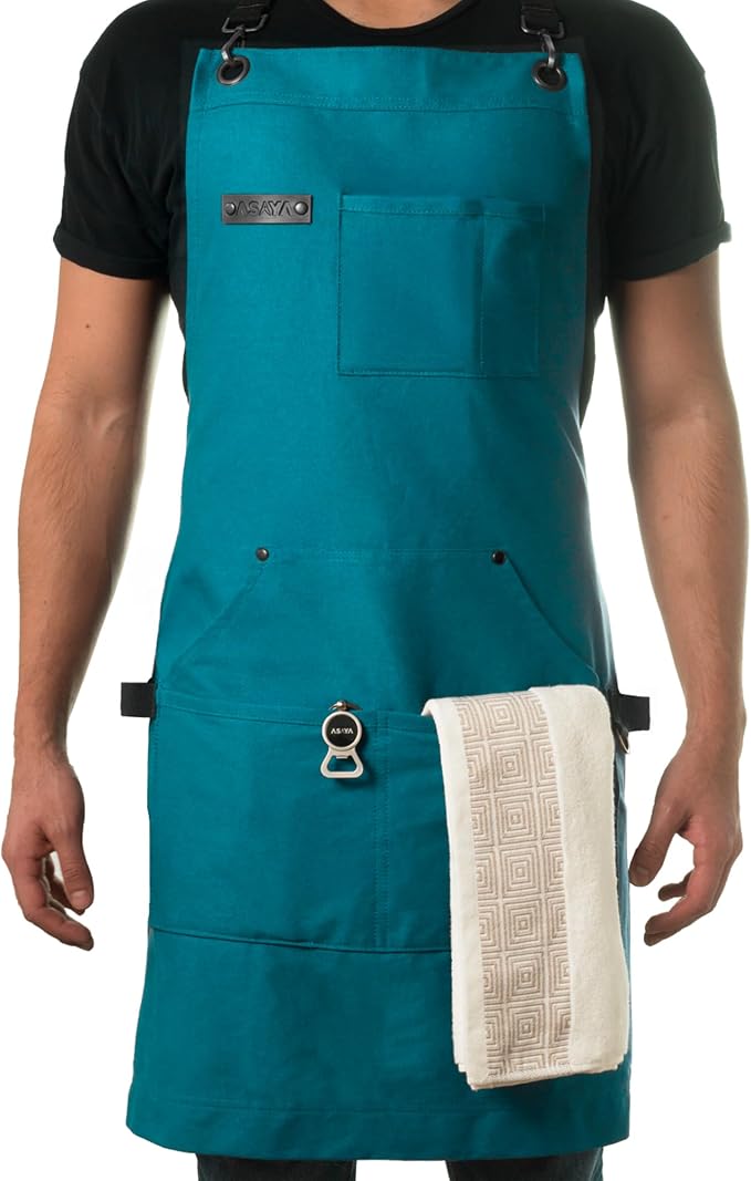 Asaya Chef and BBQ Apron with Bottle Opener and Hand Towel - 10oz Cotton Canvas by AsayaChefProducts