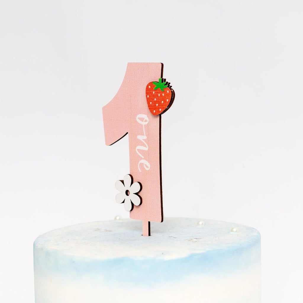 Strawberry One Cake Topper - Flower Wooden Cake Topper, Berry First Birthday Cake Decoration for Baby Shower, Birthday Party, Anniversary, Baby Photo Booth Props, Cake Smash...