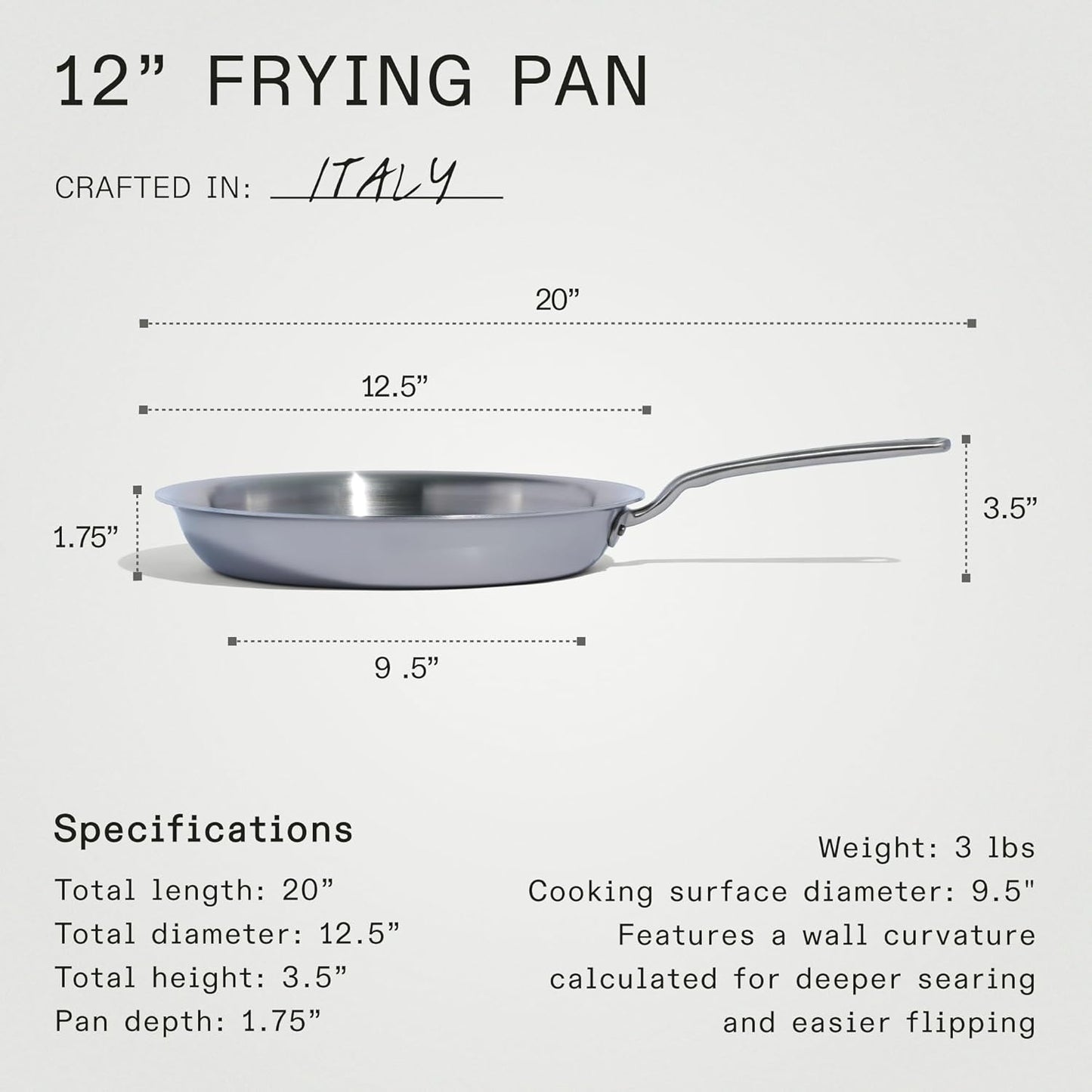 Made In Cookware - 12-Inch Stainless Steel Frying Pan - 5 Ply Stainless Clad - Professional Cookware - Crafted in Italy - Induction Compatible