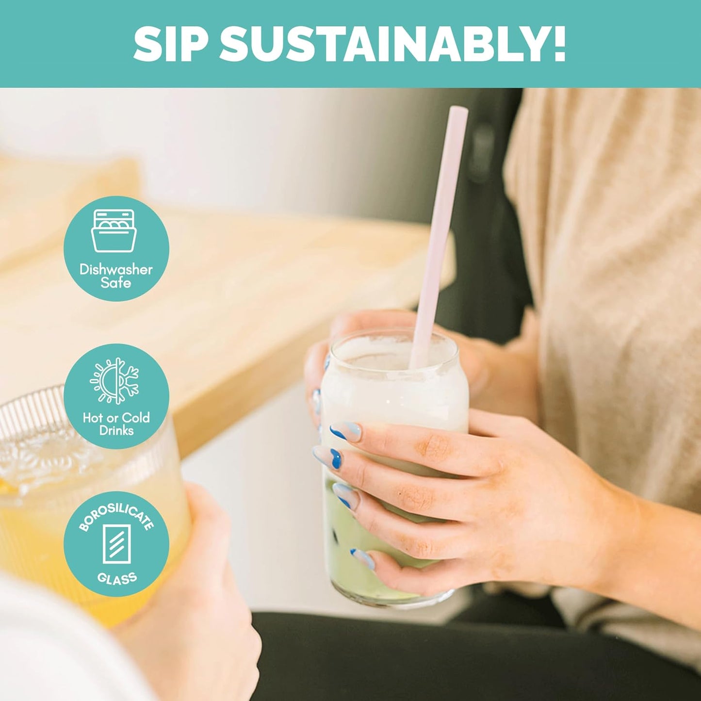 Simply Straws 8 Inch Glass Straws Bent (6-Pack) – Reusable Glass Straws for Pints & Juice Drinkware, with Cleaning Brush – Dishwasher Safe, Hot & Cold Use, BPA-Free (Air)