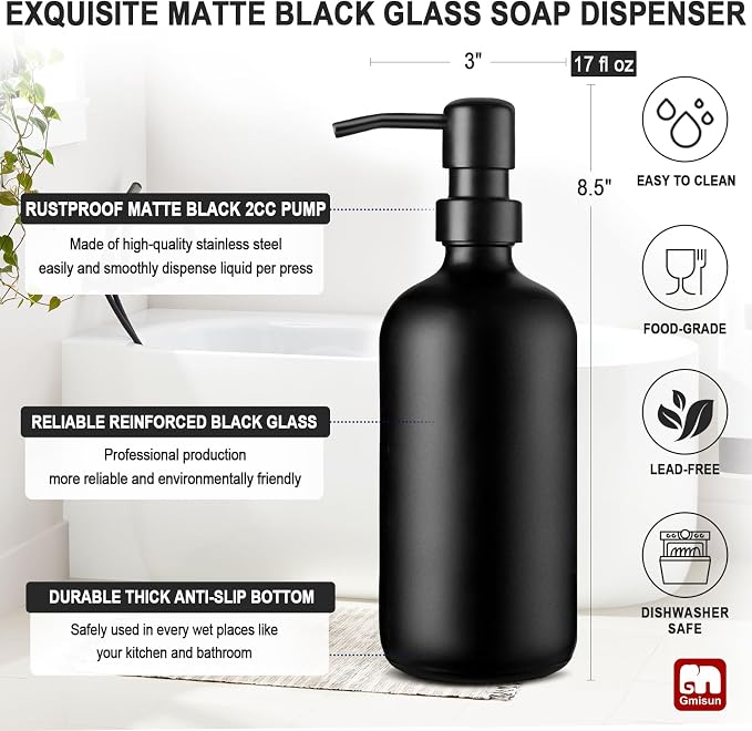 GMISUN Black Soap Dispenser, 1 Pack Matte Black Bathroom Hand Soap Dispensers - Image 3