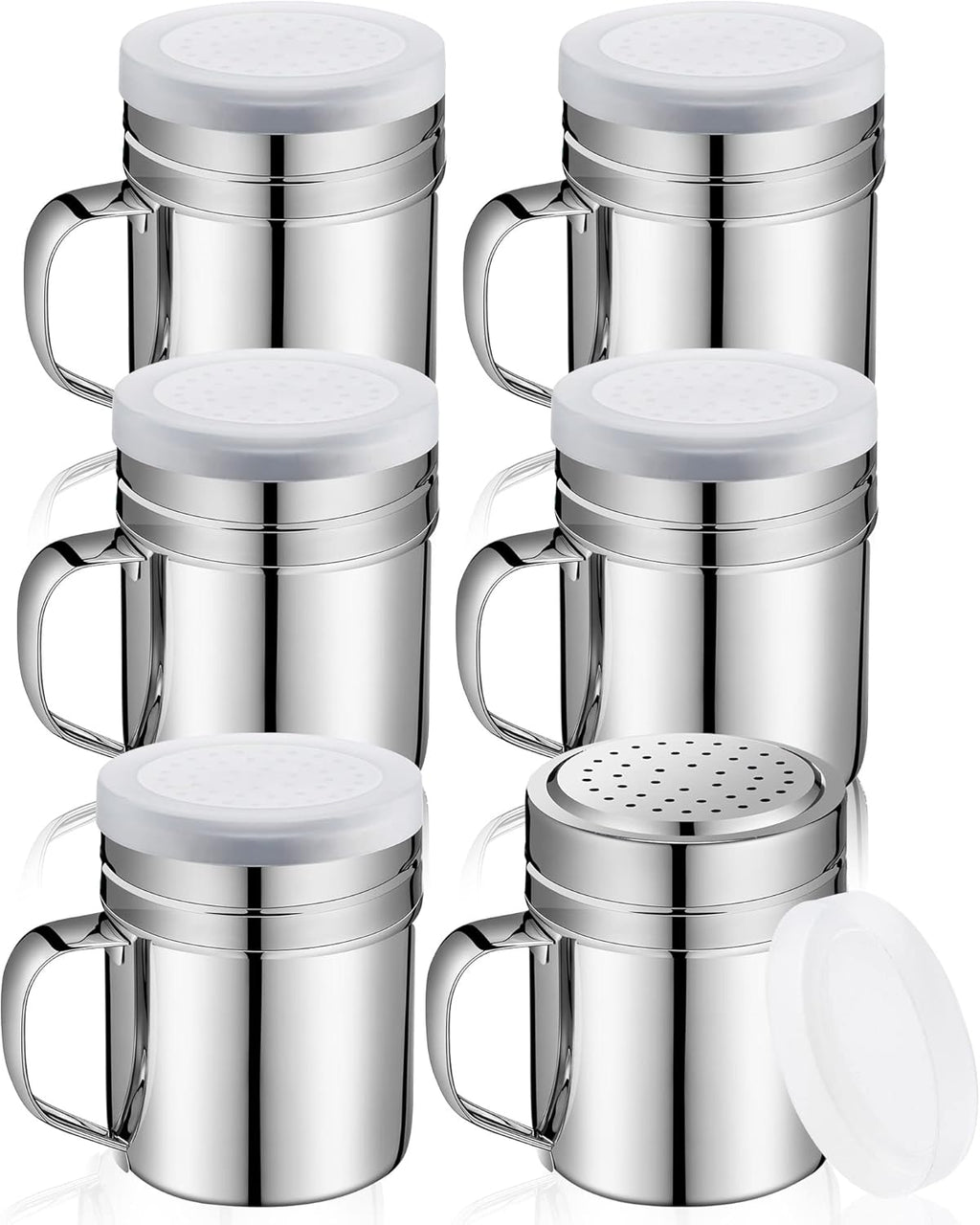 Lallisa 6 Pcs 10oz Stainless Steel Salt and Pepper Shakers with Lid and Handle Dredge Spice Seasoning Condiment Popcorn Salt Shaker Powder Sugar Flour for Cooking Kitchen Baking