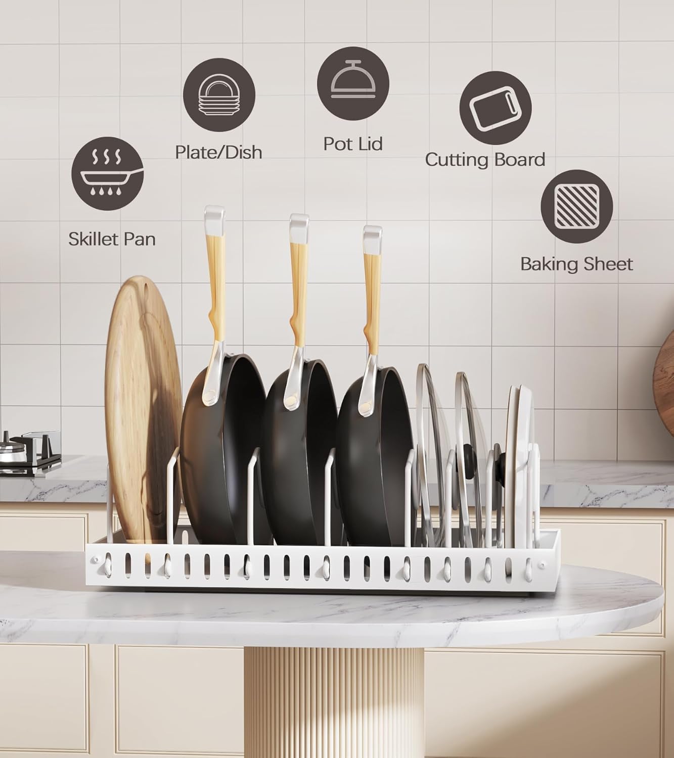 Pull Out Pots and Pans Organizer Under Cabinet, Sliding Lid Holder and Pan Rack in Kitchen, Slide Out inside Cabinet Storage for Pot Lid, Bakeware, Dishes, 8 Adjustable Dividers, 2 Pack White