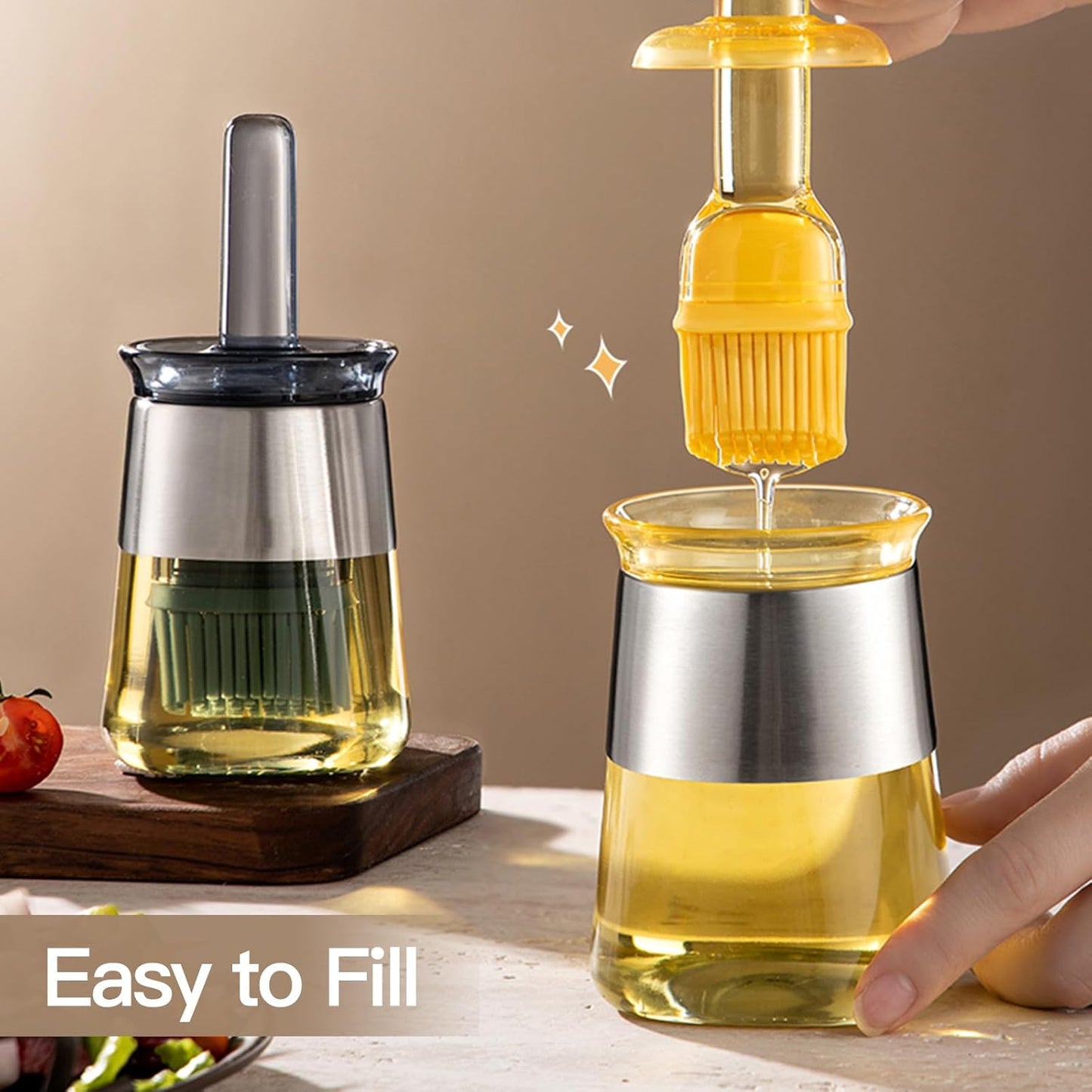 Oil Bottle Brush, 9 oz Olive Dispenser Bottle with Brush,Silicone Basting Brush Oil Separator for Cooking, Glass Oil Dispenser for Kitchen Barbecue Sauce Grill Frying (Blue,270 ml)