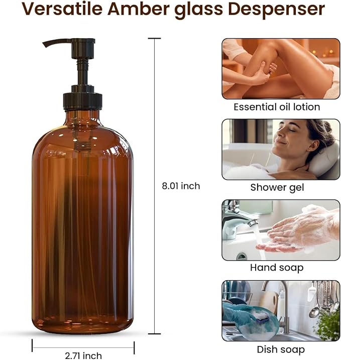 Sunrise Premium 16 OZ Amber Glass Soap Dispenser - Image 3