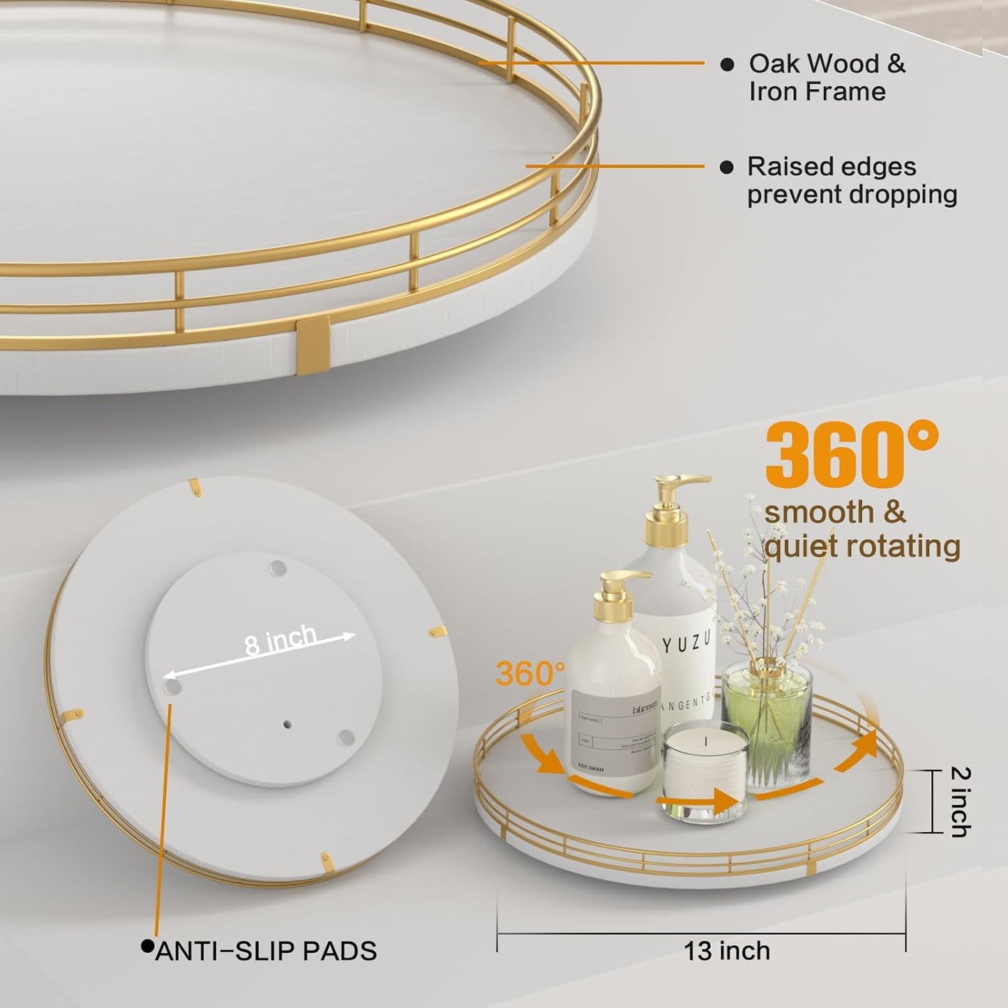 13“ Wooden Lazy Susan Turntable for Cabinet – Round Rotating Spice Rack Organizer, White Kitchen Countertop Tray for Dining Table & Pantry Storage (White & Gold)