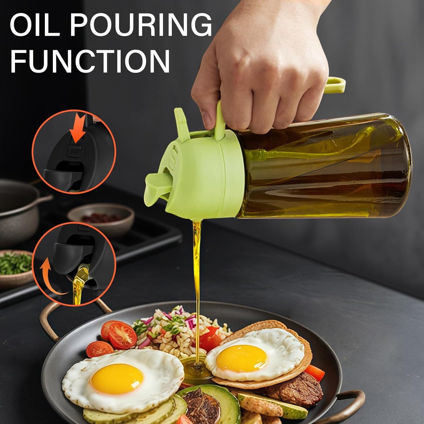 Oil Sprayer for Cooking, Kitchen Goddess 2 in 1 Spray and Pour Olive Oil Dispenser 16oz 450ml Glass Oil Spray Bottle, Mist Olive Oil Dispensing, Air Fryer, Dark Green (green)