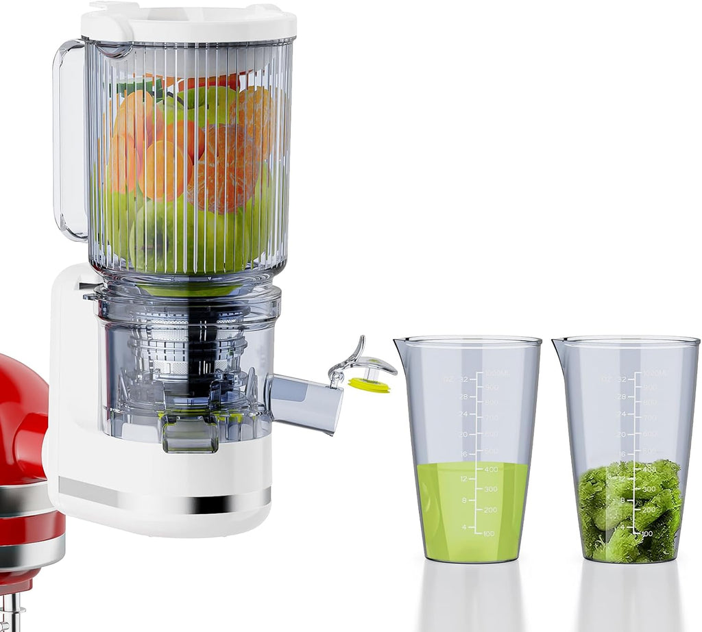 Masticating Juicer Attachment for KitchenAid Stand Mixer, Cold Press Slow Juicer with 4.9" Large Feed Chute for Whole Fruits & Vegetables, Includes 2*1L Measuring Cups for Kitchenaid Mixer Attachments