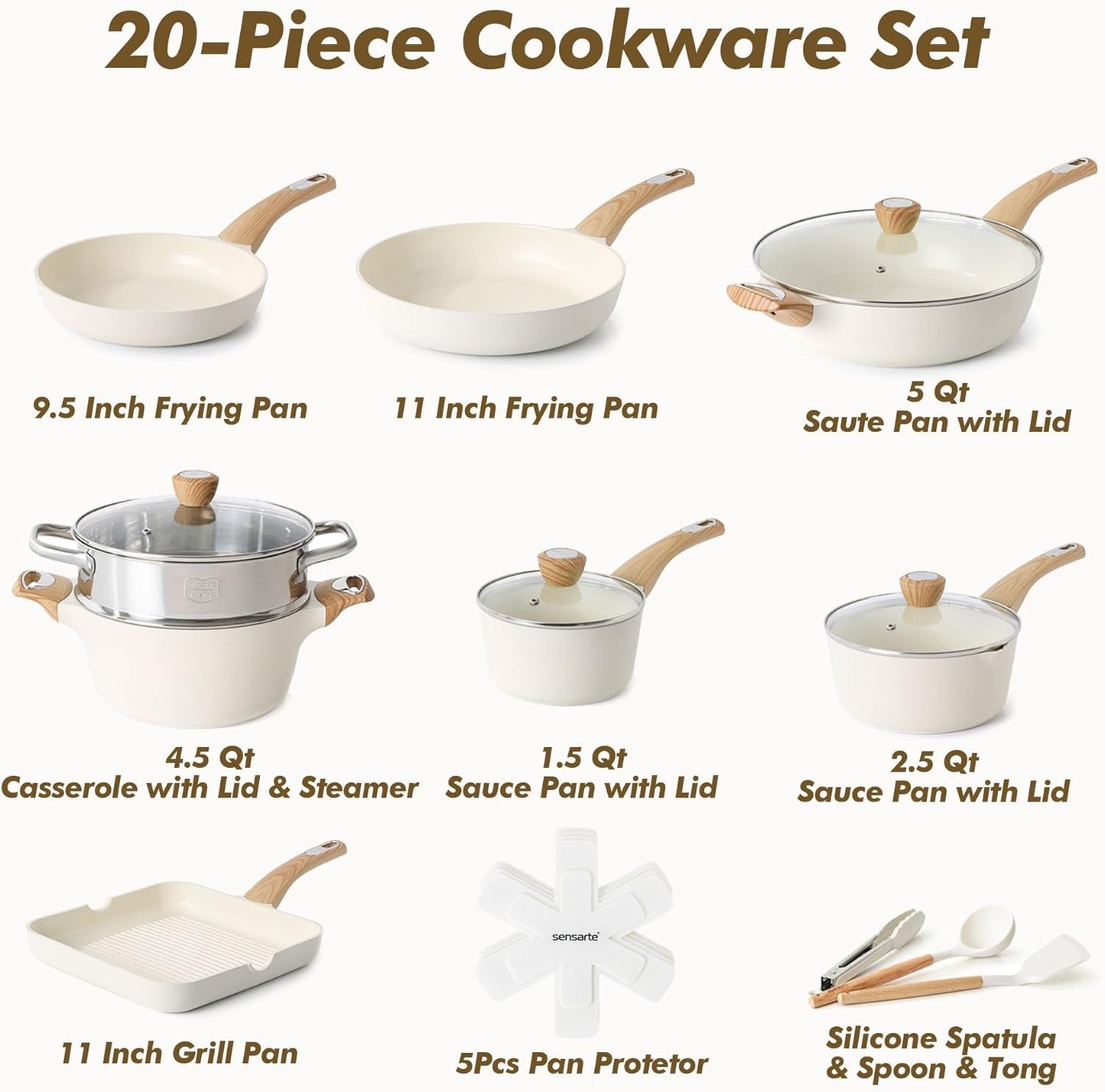 SENSARTE Ceramic Cookware Sets, Pots and Pans Set Nonstick, 20-Piece Induction Cookware, Non-toxic Healthy Non Stick Kitchen Cooking Set with Stay-Cool Handles, PFAS PTFE PFOA PFOS Free