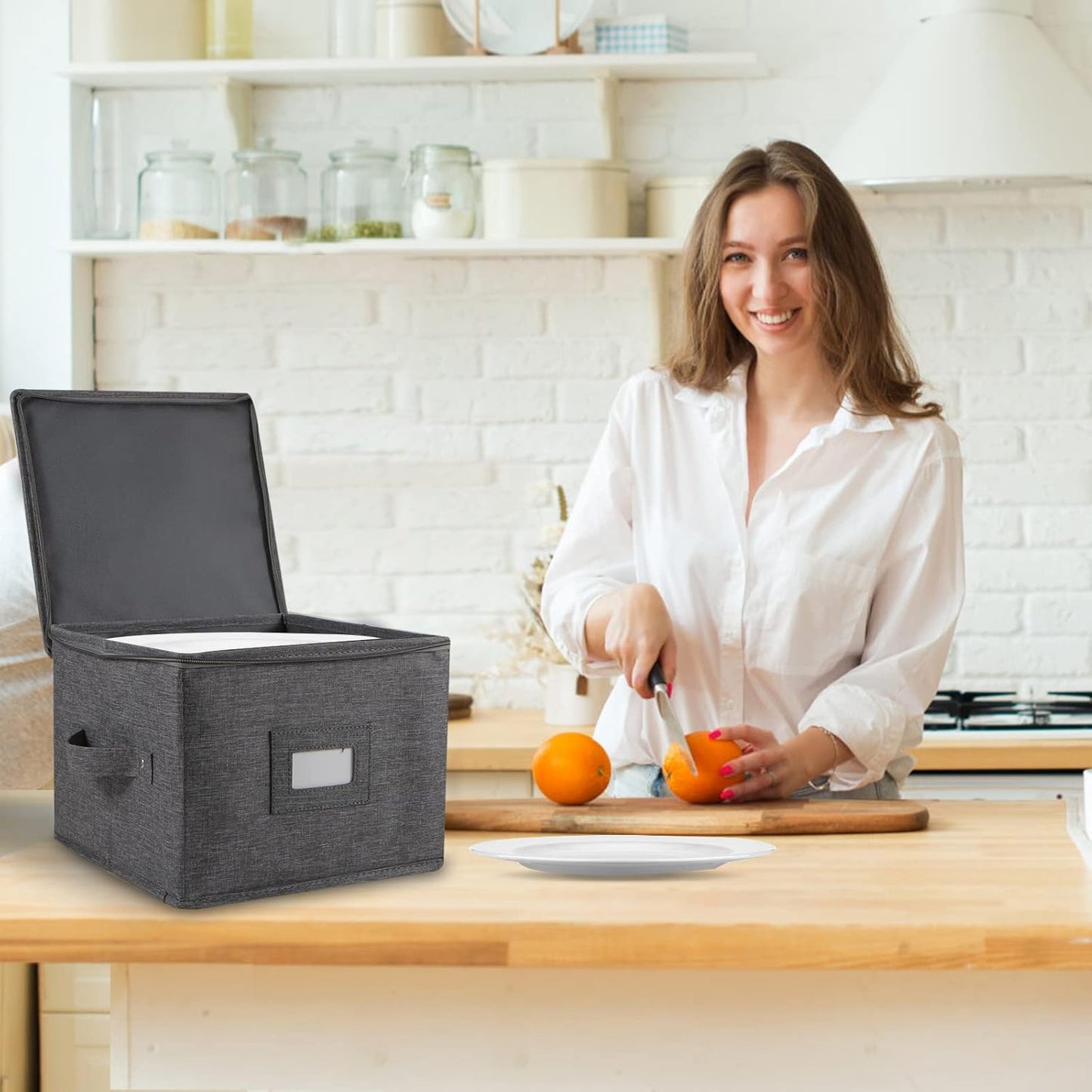 popoly 7" Saucer Storage Case 2 Pack, China Storage Container with 24 Felt Dividers for Bowls and Appetizer Plates, Stackable with Hard Shell on all sides (Grey)