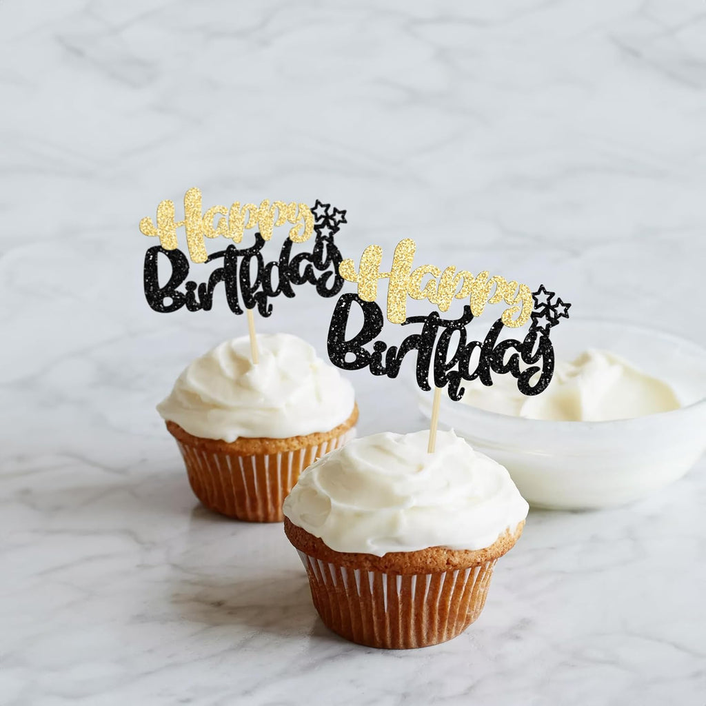 Ephlyn 24Pcs Happy Birthday Cupcake Toppers Double Layer Glitter Happy Birthday Cake Decorations for Celebrating Baby Shower Theme Kids Boys Girls Birthday Party Cake Decorations Supplies Black Gold