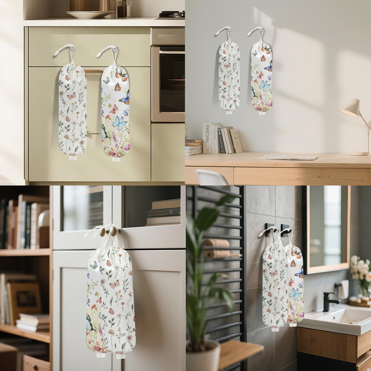 2Pcs Vintage Floral Plastic Bag Holder, Wall Mount Trash Bag Holder, Summer Floral Colorful Butterfly Large Reusable Grocery Bags Storage Dispenser for Home Kitchen Pantry, Butterfly Gifts for Women