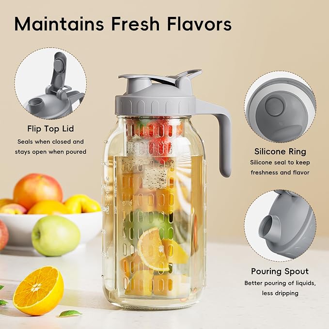 64 oz Glass Pitcher with Lid, Heavy Duty Wide Mouth Mason Jar with Pour Spout - Image 5