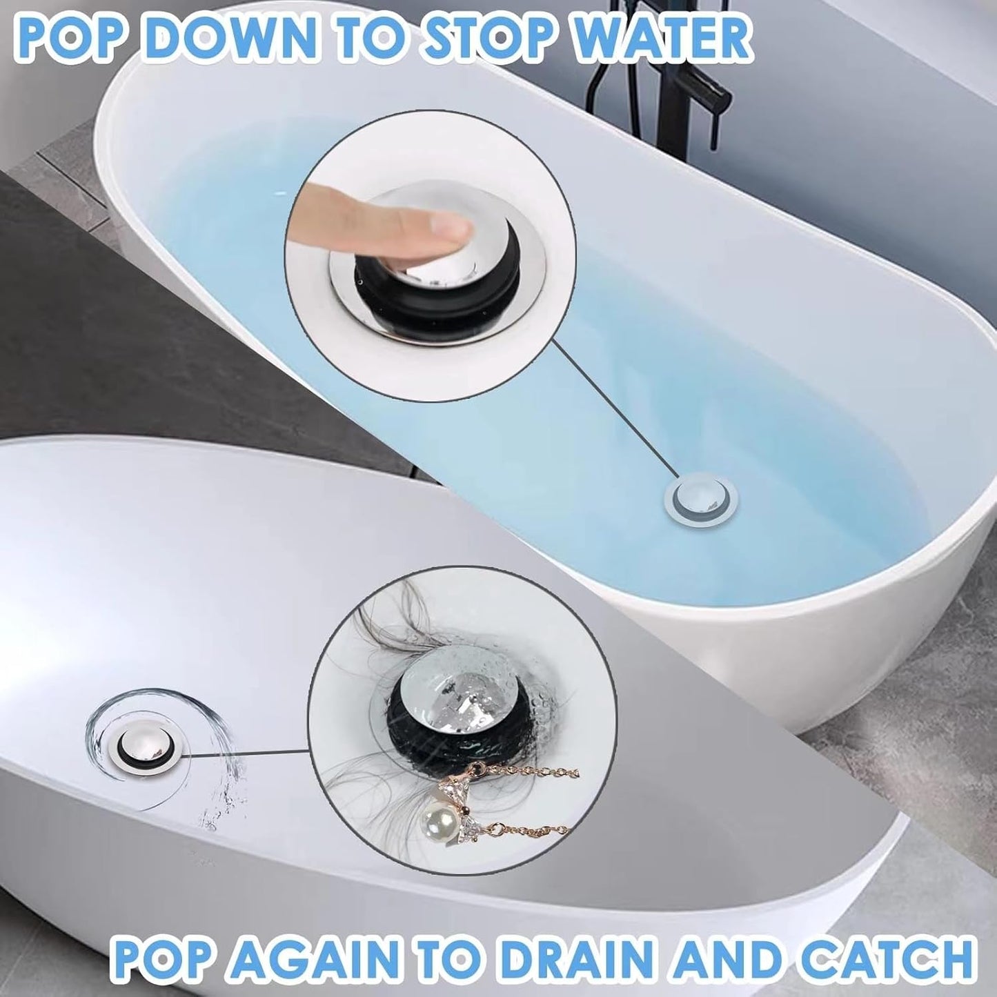 Bathtub Drain Stopper, Pop Up Tub Drain Hair Catcher, Bath Tub Drain Plug and Cover for 1.45-1.8in Drain Hole, Replaces Lift and Turn, Tip Toe or Trip Lever, Silver