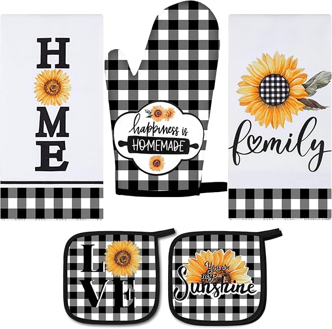 5 Pieces Buffalo Plaid Kitchen Towels Oven Mitts and Pot Holder Set Black and by Rtteri