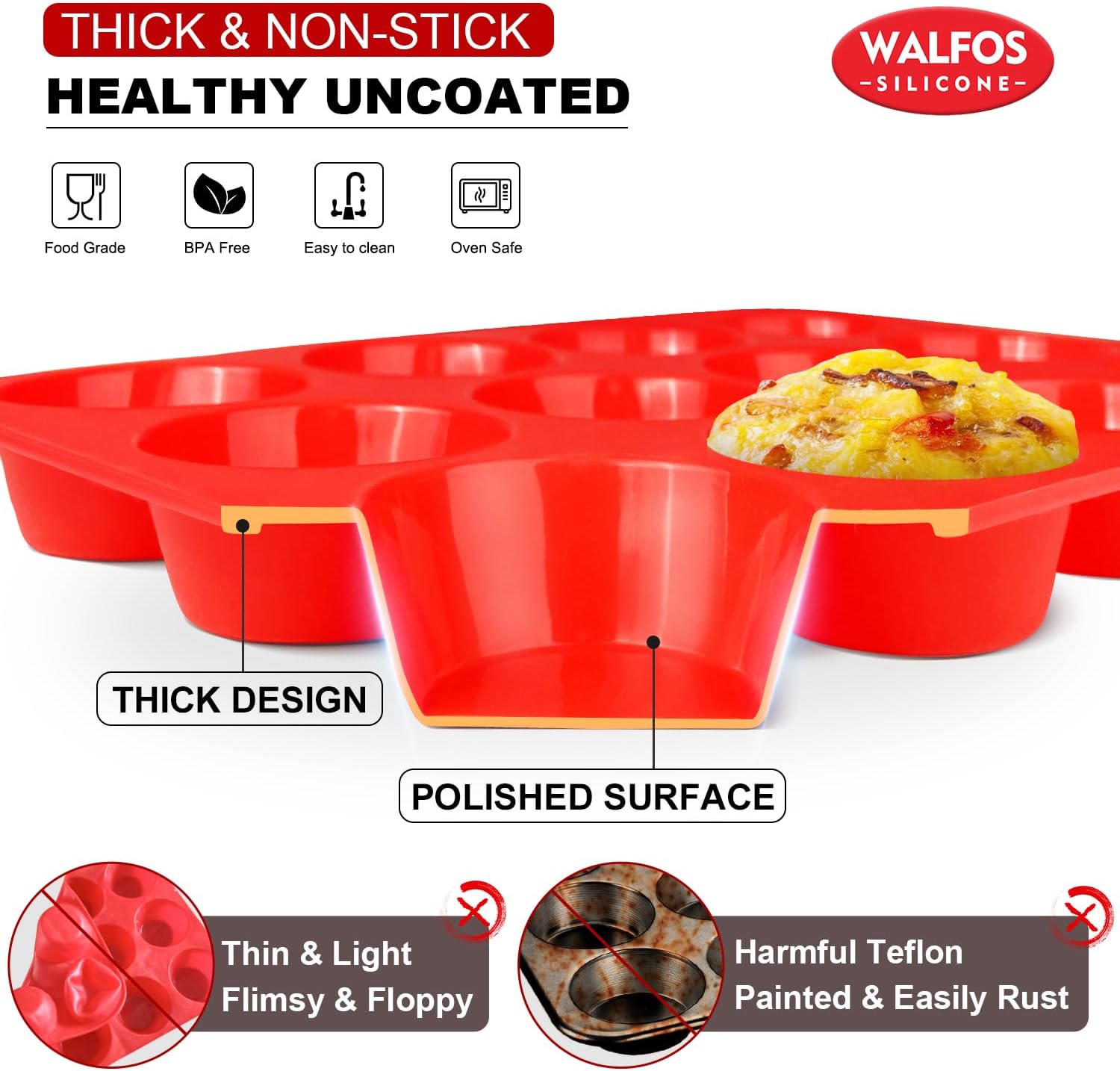 Walfos Silicone Muffin Pan - 12 Cups Regular Silicone Cupcake Pan, Non-stick Great for Making Muffin Cakes, Tart, Bread - BPA Free and Dishwasher Safe