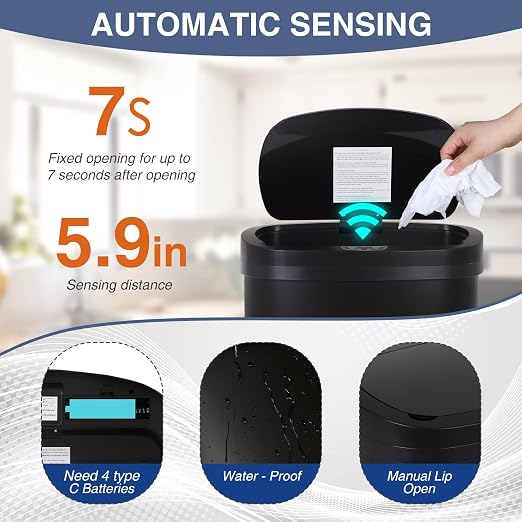 PayLessHere | 13 Gallon Stainless Steel Trash Can | Black | Automatic Touchless - Image 4