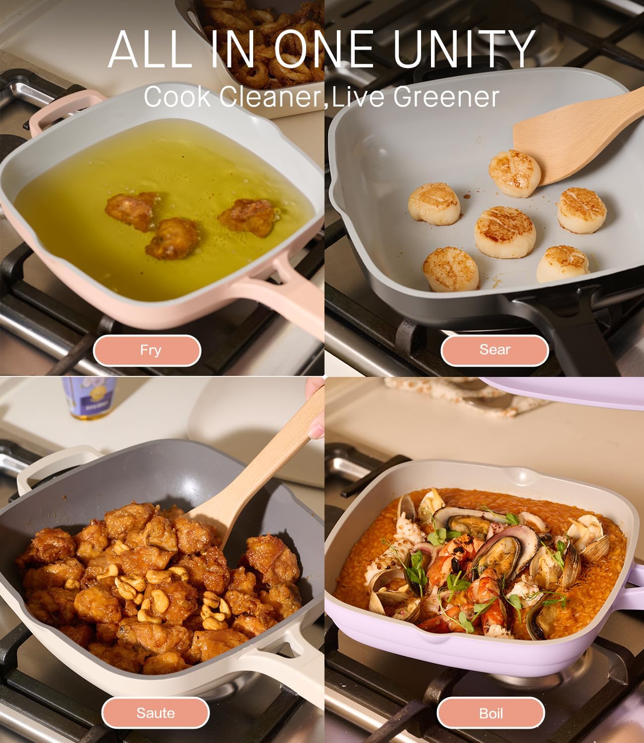 10.5 Inch(3.8QT) Deep Frying Pan,Non Stick Frying Pans Cast Aluminum,Ti-Ceramic Non Toxic Pix Pan with Lid,Natural Wooden Spatula and Loofah Scrubber-Mint Haze