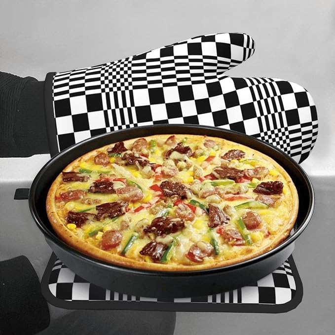 Black and White Optical Illusion Checkered Oven Mitt & Pot Holder Set - Image 4