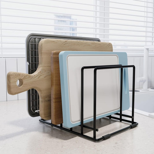 Baking Sheet Organizer Rack – 5-Slot Bakeware & Cookie Tray Holder for Kitchen Cabinet or Countertop, Compact Stainless Steel Cutting Board Rack with Rust-Resistant Frame & Anti-Slip Feet