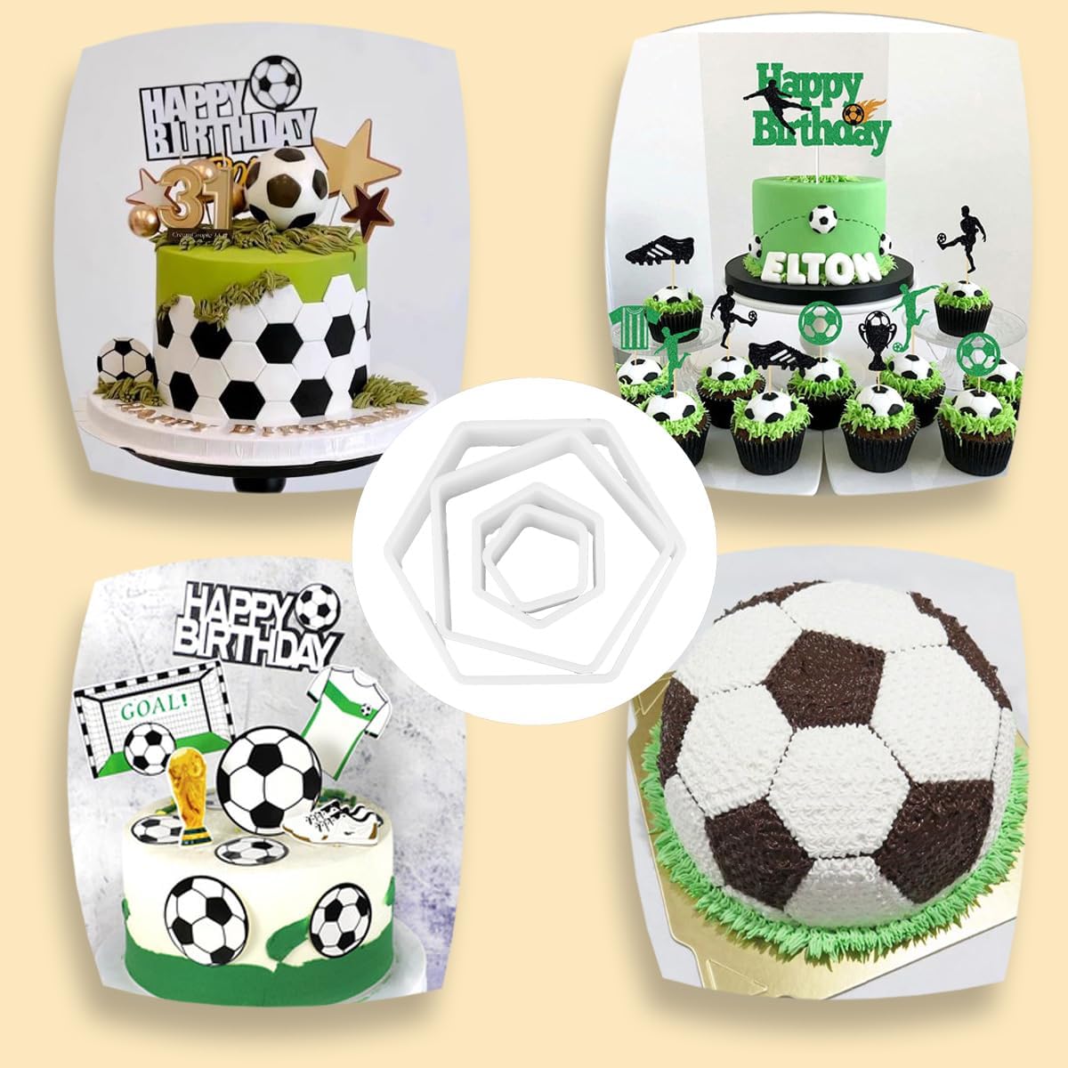 8 Pcs Soccer Ball Hexagon Cookie Cutter - 4 Sizes Geometric Biscuit Cutters Pattern Cake Topper Soccer Cookie Cutter Set for Baking Cake Decorations