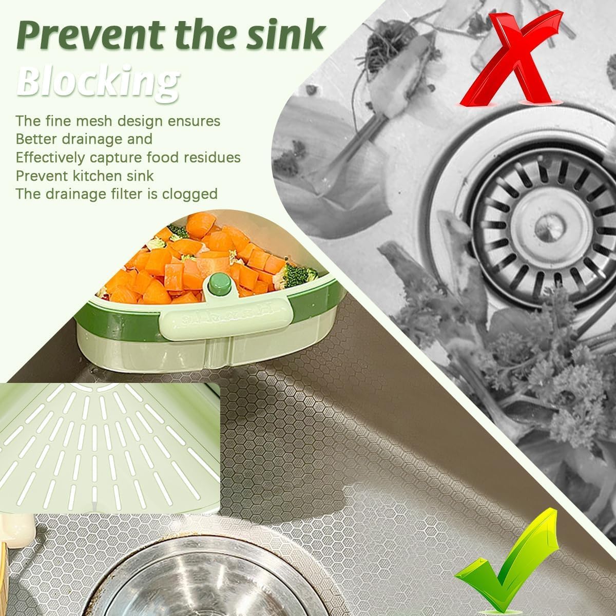 Suction Cup Sink Corner Rack, 2025 Upgraded Self-Cleaning Sink Strainer Basket, Removable Food Waste Catcher with Drain Hole, Say Goodbye to Gross Food Scraps and Smelly Sinks (2*Green)