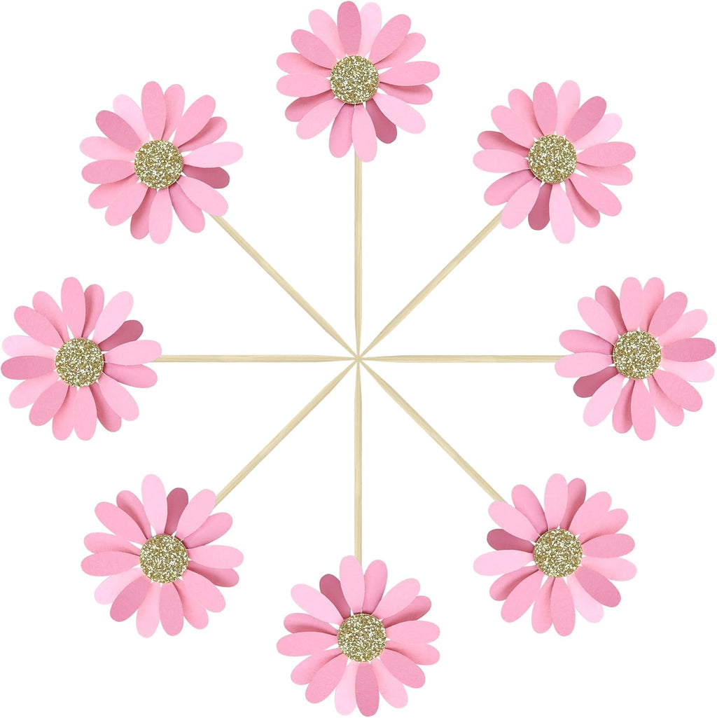 24Pcs Daisy Cupcake Toppers Flower Cake Topper Decorations Daisy Cake Decorations Chrysanthemum Cupcake Toppers Spring Daisy Flower Cake Picks for Birthday Wedding Supplies Light Pink