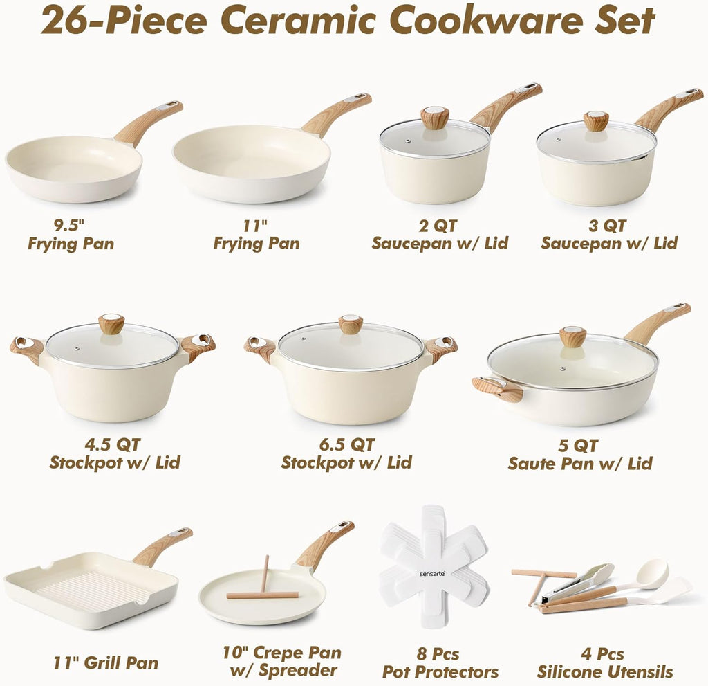 SENSARTE Ceramic Cookware Sets, Pots and Pans Set Non stick, Non toxic Healthy Induction Cookware, 26 Pcs Nonstick Kitchen Cooking Set, w/Frying Pans Set, Saucepans Set