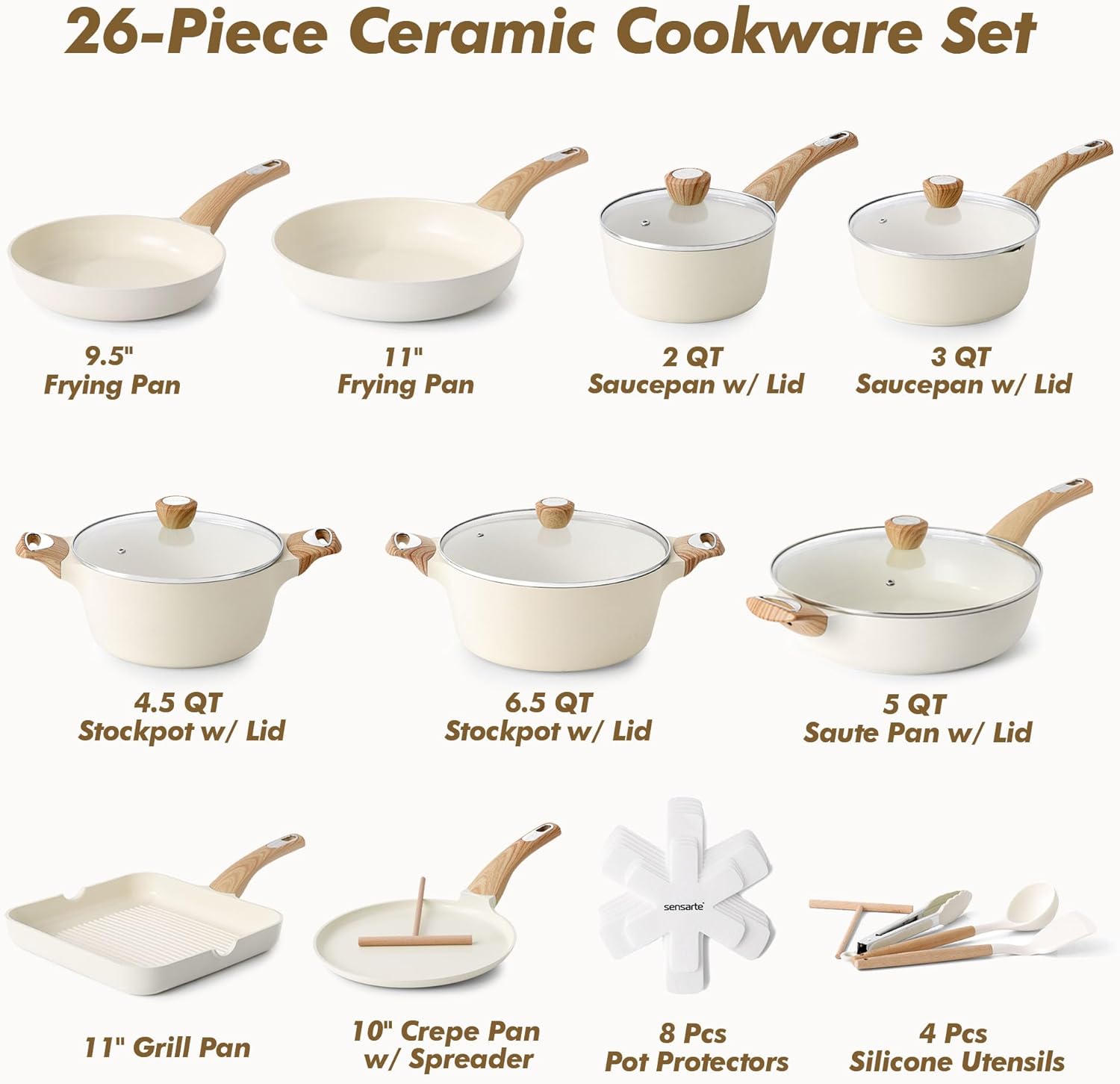 SENSARTE Ceramic Cookware Sets, Pots and Pans Set Non stick, Non toxic Healthy Induction Cookware, 26 Pcs Nonstick Kitchen Cooking Set, w/Frying Pans Set, Saucepans Set