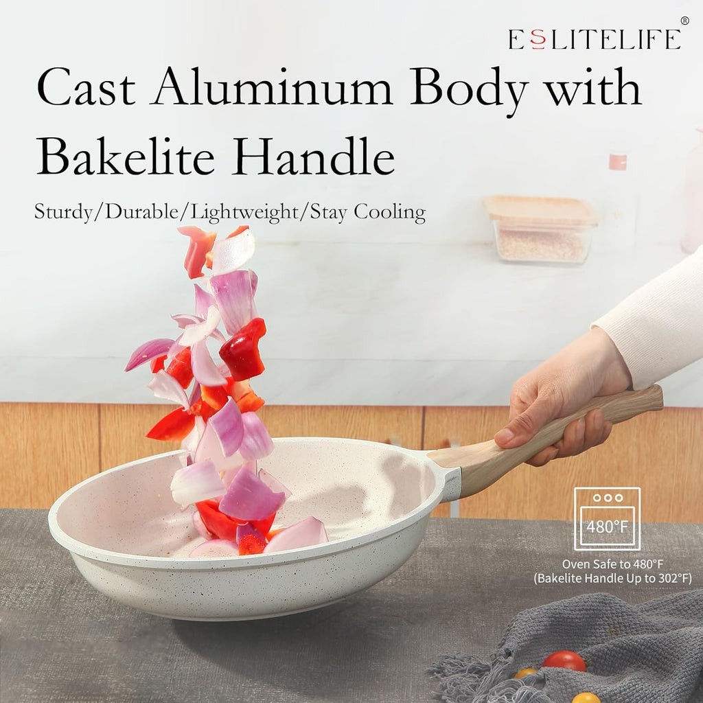 ESLITE LIFE Nonstick Ceramic Frying Pan Skillet with Lid, Non-Toxic Egg Omelette Kitchen Cooking Pans Compatible with All Stovetops (Gas, Electric & Induction), PTFE & PFOA Free (White, 11" w/Lid)