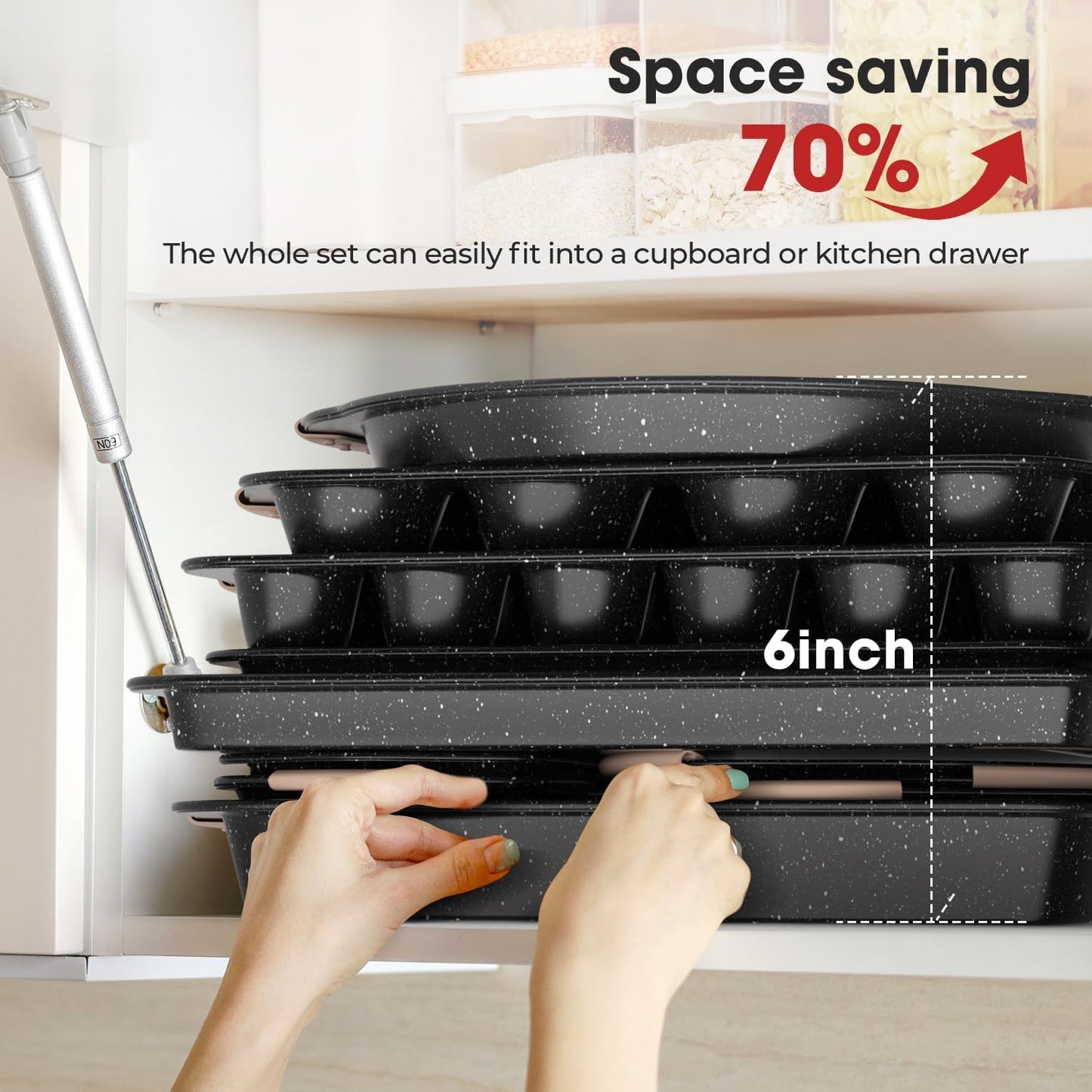 11-Piece Baking Pans Set, Nonstick Bakeware Sets, Oven Pans for Baking with Silicone Handles, Includes Cookie Sheet, Cake Pans, Loaf Pan, Pizza Pan, Muffin Pan, Khaki&Black¡­