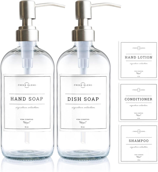 Vine Creations Clear Glass Soap Dispenser, 2 Pack Kitchen Soap Dispenser Set with Stainless Steel Pump, 16 oz Hand Soap or Dish Soap for Bathroom or Kitchen with Waterproof Labels