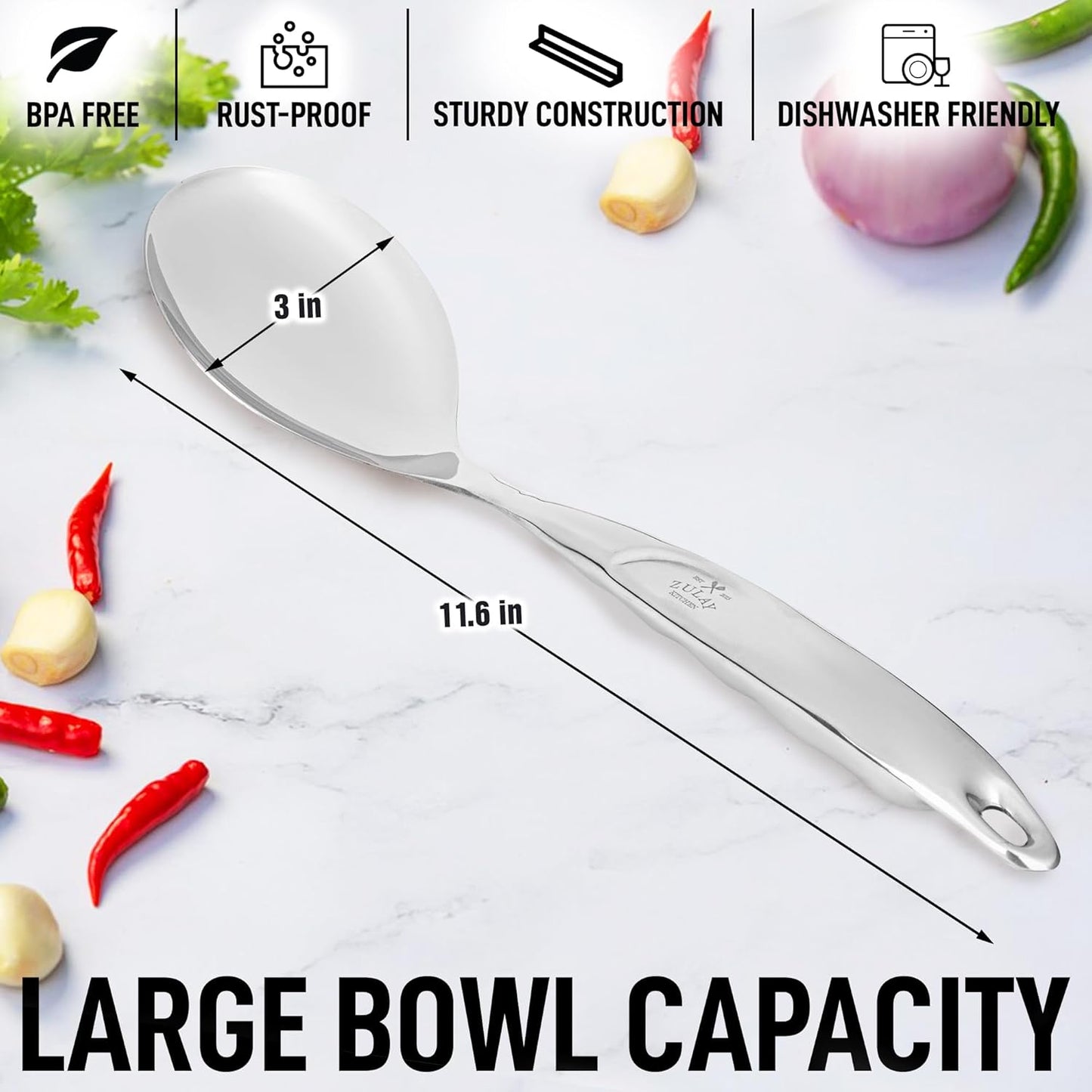 Zulay Kitchen Stainless Steel Serving Spoon - Large Cooking Spoon - Durable Premium Stainless Steel with Comfortable, Ergonomic Handle - Easy to Clean - Perfect for At Home Cooking & Buffets - 11.5”