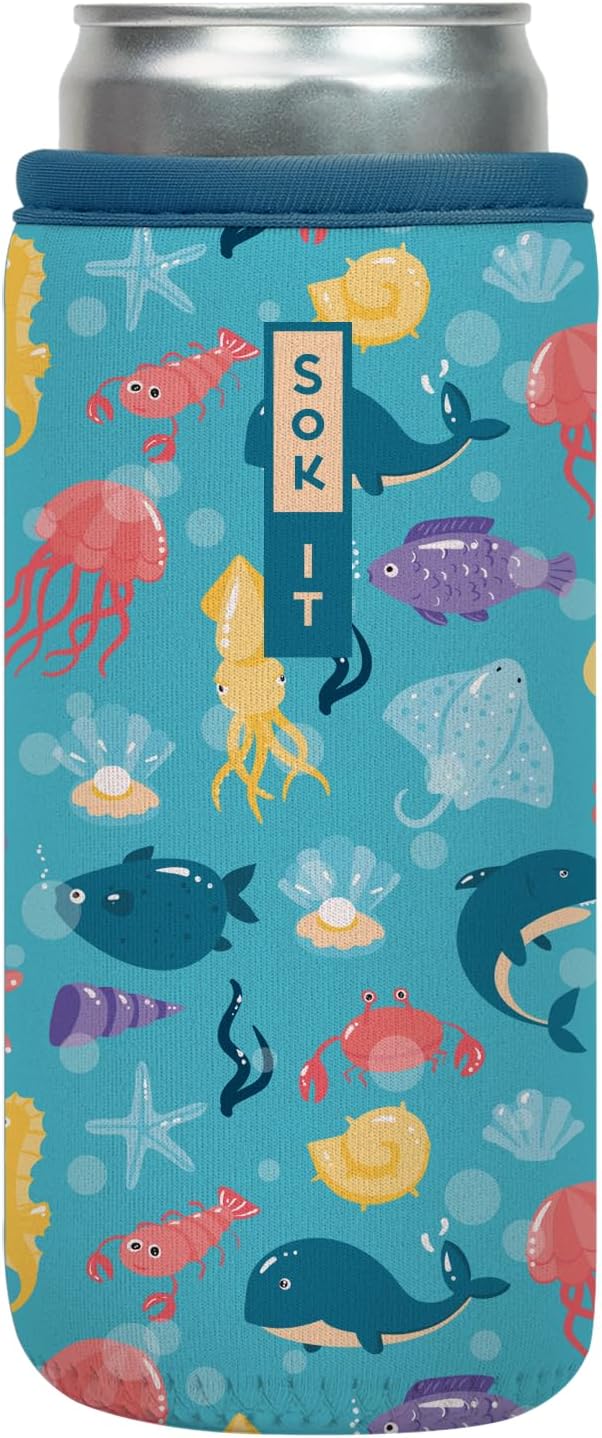 Sok It CanSok Sleeve for Beer & Soda Insulated Neoprene Cover (Underwater Adventures, 12oz Slim Can Sleeve)