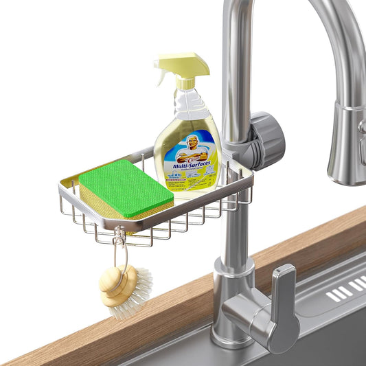 LONIN Sponge Holder Over Faucet Kitchen Sink Caddy Organizer, Stainless Steel Detachable Hanging Faucet Drain Rack for Bathroom, Scrubbers, Soap