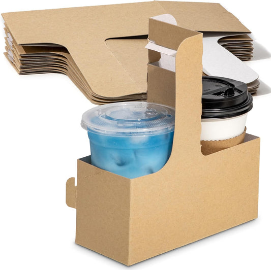 FMP Brands 2 Cup Disposable Drink Carrier with Handle, 200 Pack Kraft Paperboard Handled Drink Carriers 12-30 oz to Go Coffee Cup Holder, Cup Carrier for Cold Hot Drinks, Takeout, Cafe