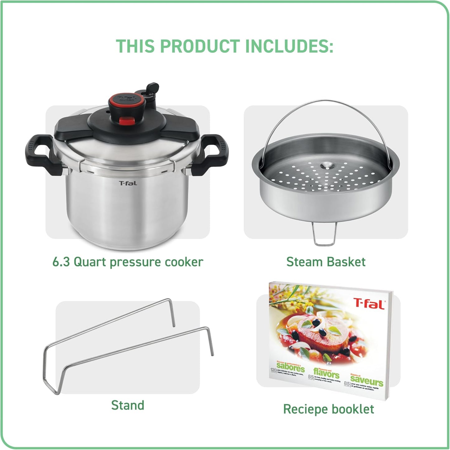 T-fal Clipso Stainless Steel Pressure Cooker 6.3 Quart, Induction, Secure locking System, One Hand System, Recipe Book Included, Cookware, Pots and Pans, Kitchen, Dishwasher Safe, Silver