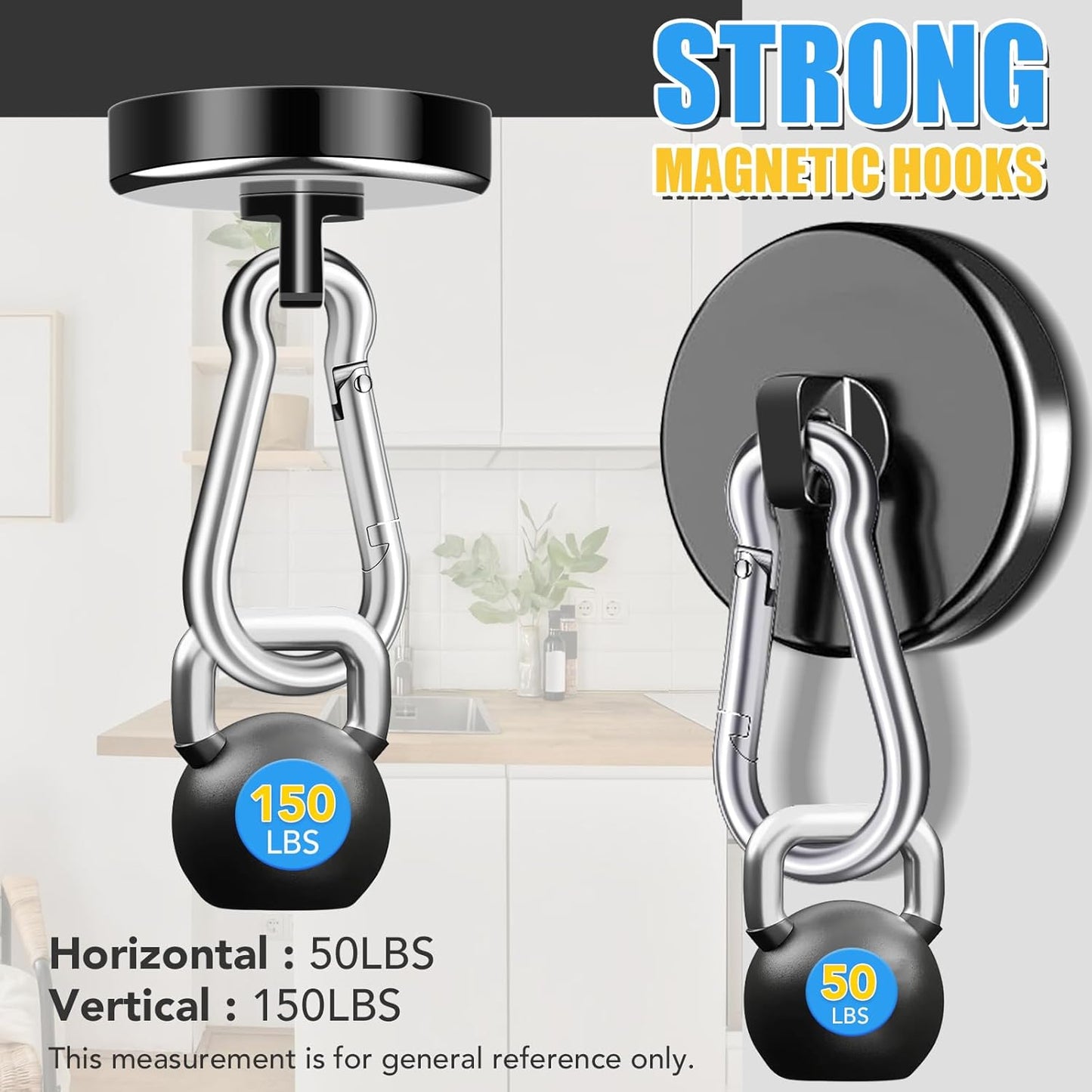 Magnetic Hooks Heavy Duty 150Lbs, 4 Pack Super Strong Magnetic Hooks with Swivel Carabiner for Cruise, Black Neodymium Magnet Hooks Magnetic Wall Hanger for Hanging, Toolbox, Grill, Cabins