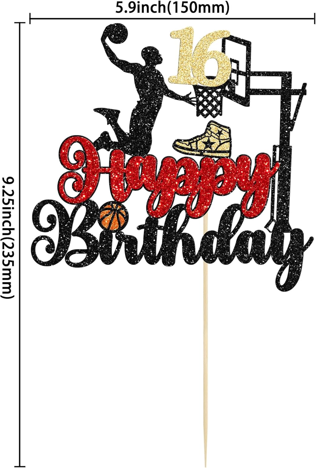 1Pc Cheers to 16 Years Birthday Cake Topper Glitter Hello 16 Sweet 16 Cake Pick Sixteen Years Old Birthday Cake Decoration for 16th Basketball Sports Party Supplies Black